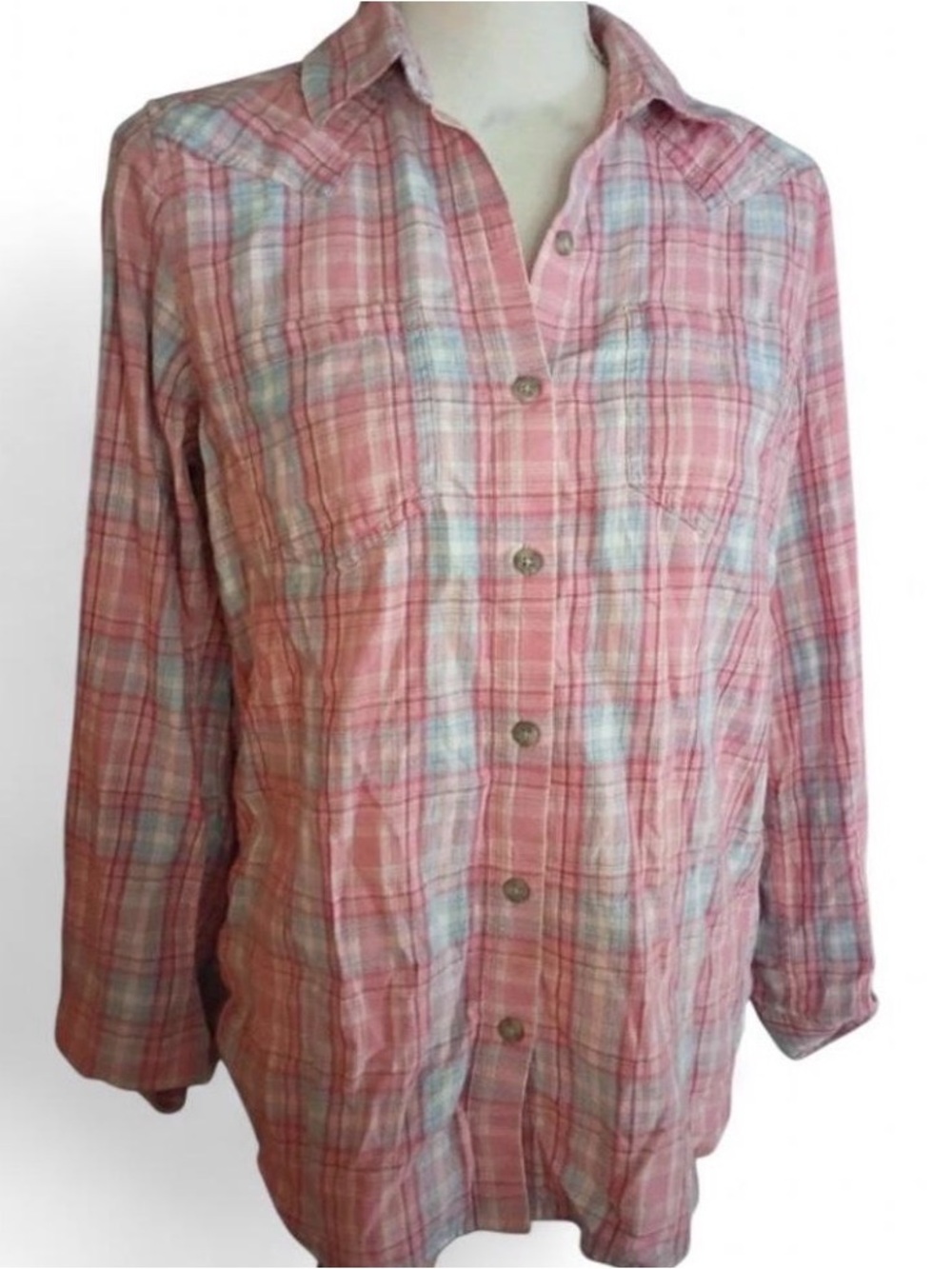 Ariat Pink Plaid Button-Down Shirt with Blue Accents